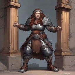 a female dwarven kineticist in heavy armor raises a wall made from eath and wood using her powers