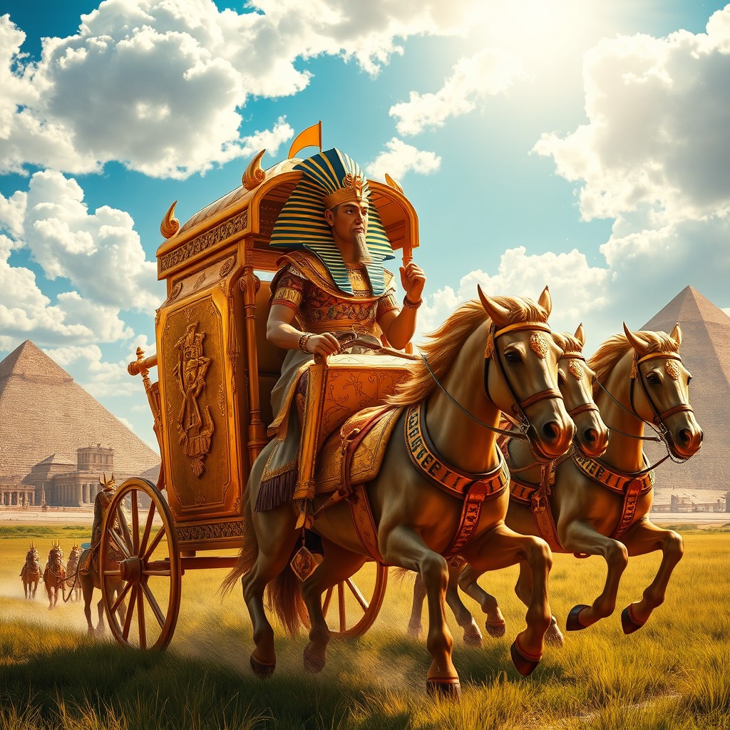 A majestic scene depicting Ramses II, the ancient Egyptian pharaoh, riding in his ornate golden chariot