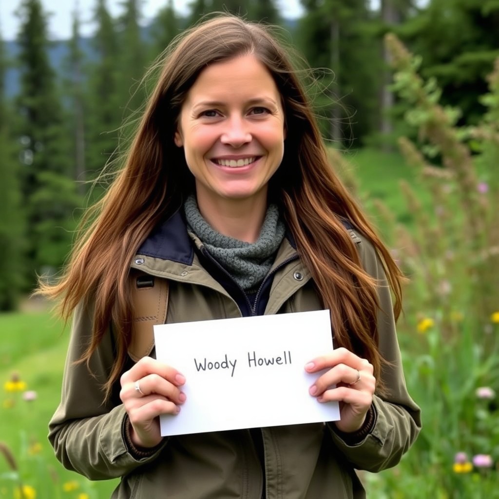 A portrait of Rain Brown from the Alaskan Bush Family, standing outdoors in a lush green setting