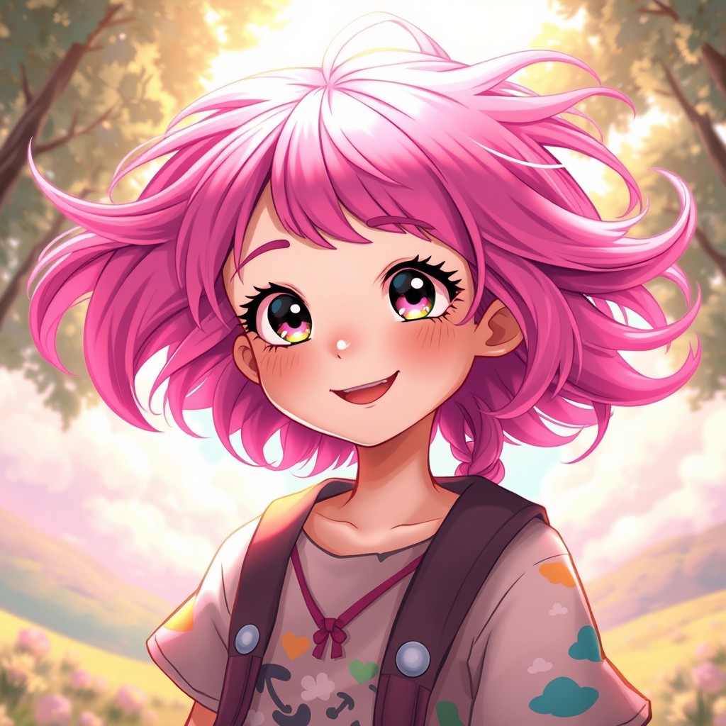 A whimsical and artistic portrayal of a girl with vibrant pink hair, flowing and slightly tousled by a gentle breeze
