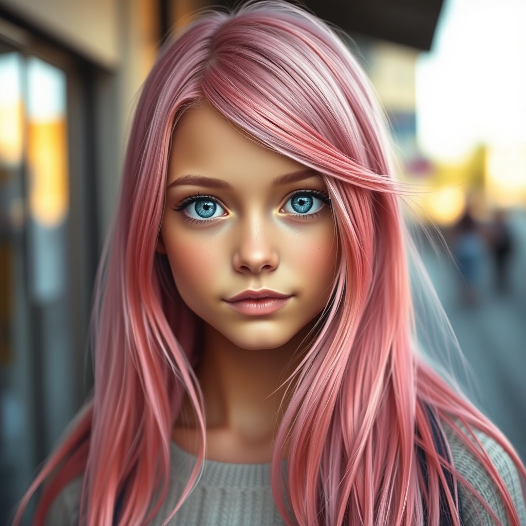 A realistic portrait of a girl with long, flowing pink hair that cascades down her shoulders, each strand meticulously detailed