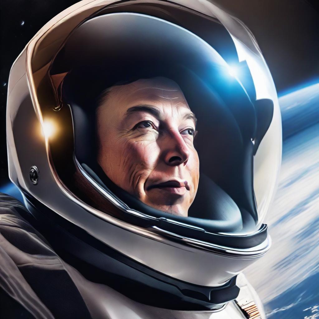 Elon Musk floating in space, his reflection in a SpaceX helmet visor. Earth shines brightly in the background and aloft is a gleaming Starship.