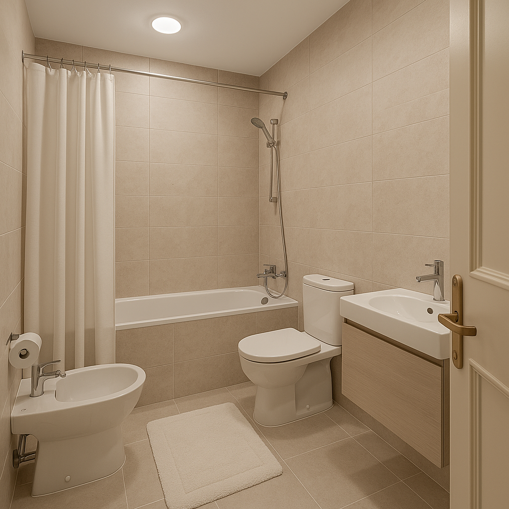 Remake modern style with beige stone tiles and white bathroom elements