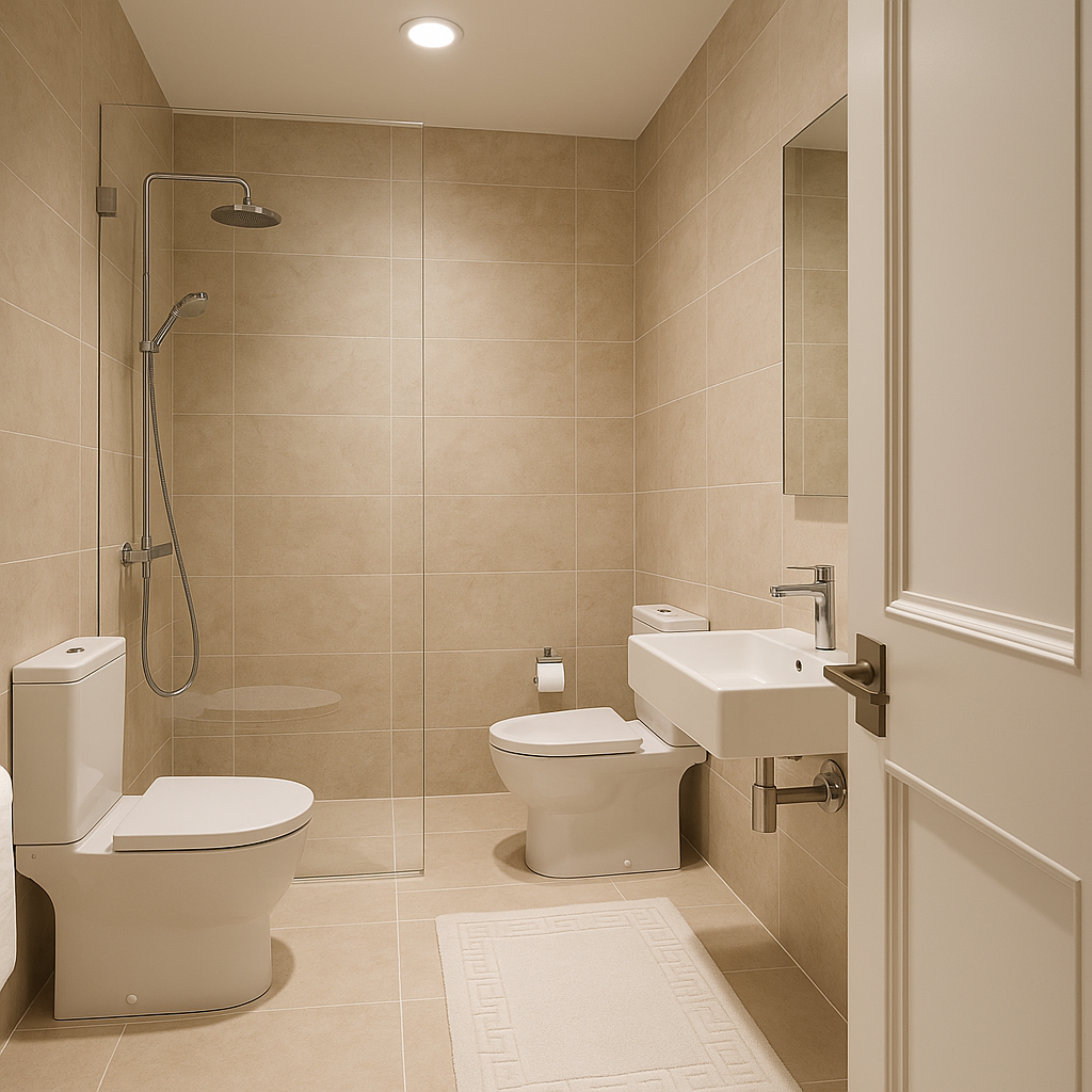 Remake fancy modern style with beige  stone tiles and white bathroom elements fancy remove shower tub make only shower