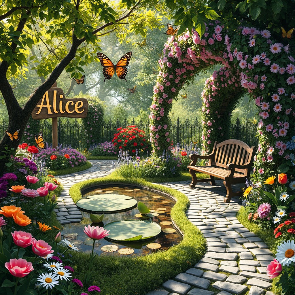 A magical enchanted garden with a sign that says 'Alice' in whimsical lettering