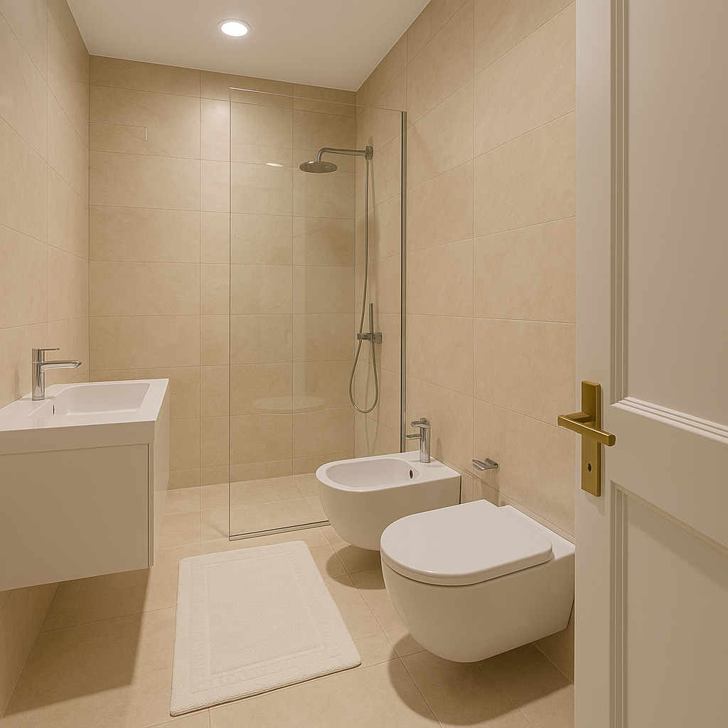 Remake vey fancy modern style with beige  stone tiles and white bathroom elements remove shower tub make only shower