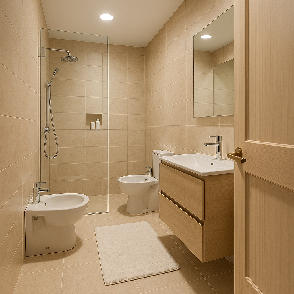 Remake very fancy modern style with beige  stone tiles and white bathroom elements remove shower tub make only shower with shampoo boxes inside shower and light wood cabinet