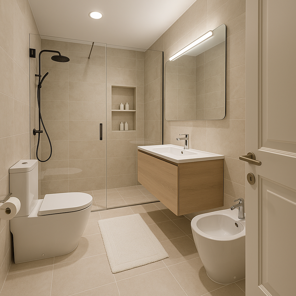 Remake very fancy modern style with  beige  stone tiles and white bathroom elements remove shower tub make only shower with shampoo boxes inside shower add light wood cabinet
