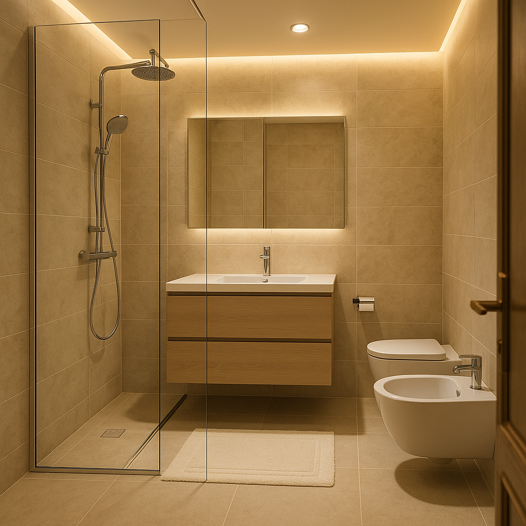 Remake very fancy modern style with  beige  stone tiles and white bathroom elements remove shower tub make only shower with shampoo boxes inside shower add light wood cabinet warm nice fancy lighting cove  light
