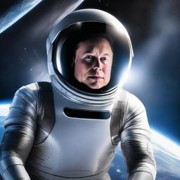 Elon Musk floating in space, his reflection in a SpaceX helmet visor. Earth shines brightly in the background and aloft is a gleaming Starship.