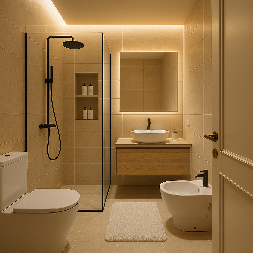 Remake very fancy modern style with  beige  stone tiles and white bathroom elements remove shower tub make only shower with shampoo boxes inside shower add light wood cabinet warm nice fancy lighting cove  light