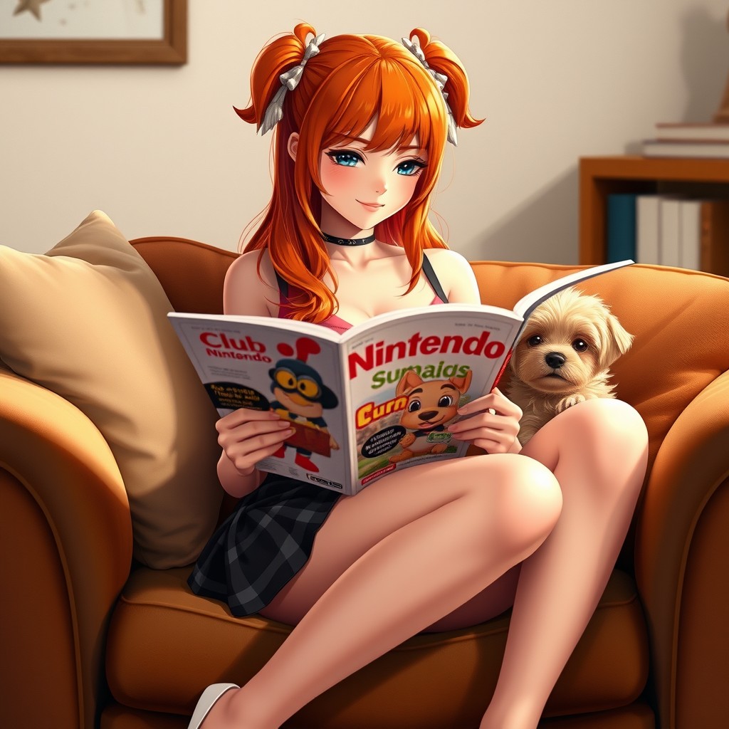 A real girl with vibrant orange hair sitting comfortably while reading a Club Nintendo magazine