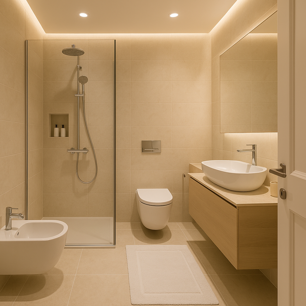 Remake very fancy modern style with  very big beige  stone tiles and white bathroom elements remove shower tub make only shower with shampoo boxes inside shower add light wood cabinet warm nice fancy lighting cove  light