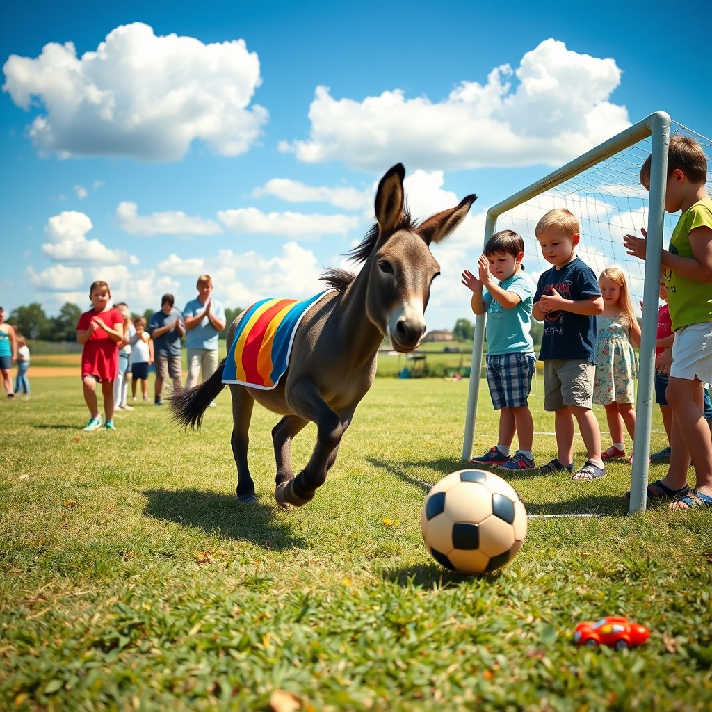 A donkey enthusiastically playing soccer on a sunny field, wearing a small colorful jersey, surrounded by excited children cheering and clapping