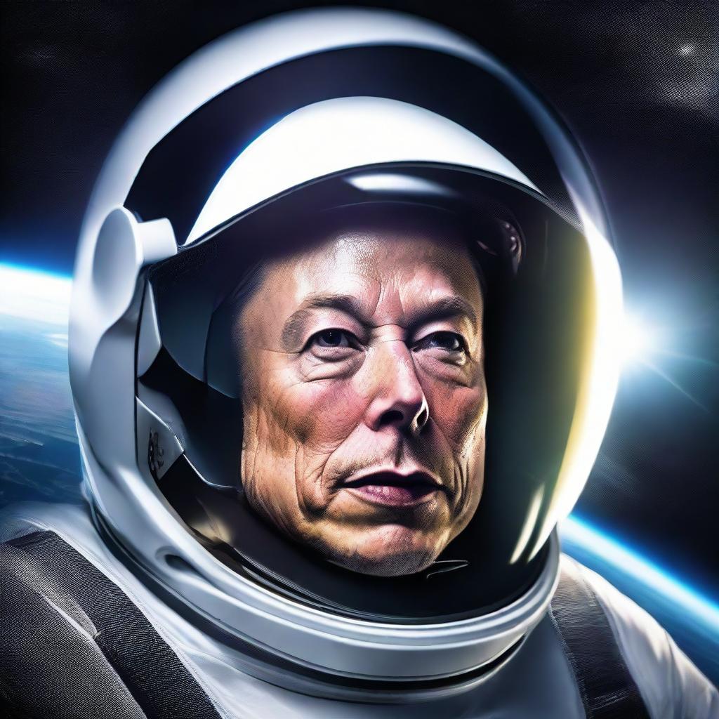 Elon Musk floating in space, his reflection in a SpaceX helmet visor. Earth shines brightly in the background and aloft is a gleaming Starship.