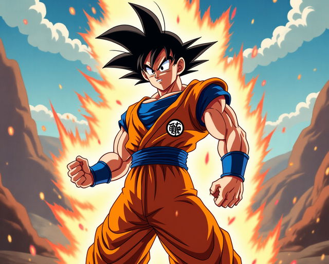 A powerful Saiyan warrior named Goku, dressed in his iconic orange gi with a blue undershirt, standing in an epic battle stance