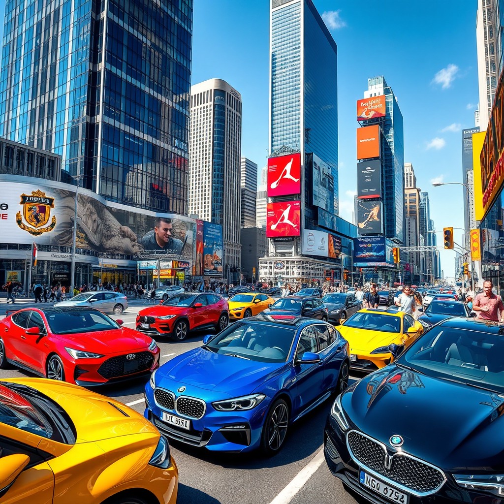A dynamic scene featuring an assortment of modern cars in a vibrant cityscape