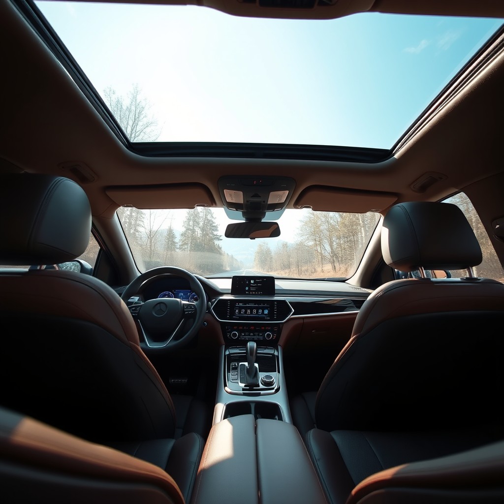 A luxurious car interior showcasing sleek design, comfortable leather seats, advanced digital dashboard, ambient lighting, and a panoramic sunroof