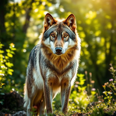 A stunning, raw photograph of a majestic wolf standing proudly in a lush forest with sunlight streaming through the trees, highlighting its thick fur and piercing eyes