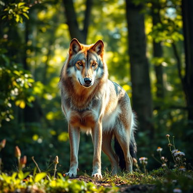 A stunning, raw photograph of a majestic wolf standing proudly in a lush forest with sunlight streaming through the trees, highlighting its thick fur and piercing eyes
