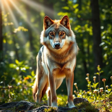 A stunning, raw photograph of a majestic wolf standing proudly in a lush forest with sunlight streaming through the trees, highlighting its thick fur and piercing eyes