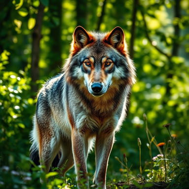 A stunning, raw photograph of a majestic wolf standing proudly in a lush forest with sunlight streaming through the trees, highlighting its thick fur and piercing eyes