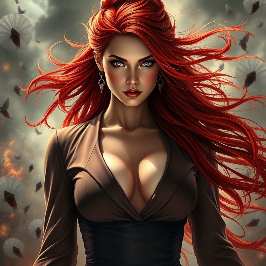 An alluring woman with long, flowing red hair and mesmerizing light-colored eyes, dressed in an elegant low-cut outfit that highlights her ample bosom