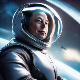 Elon Musk floating in space, his reflection in a SpaceX helmet visor. Earth shines brightly in the background and aloft is a gleaming Starship.