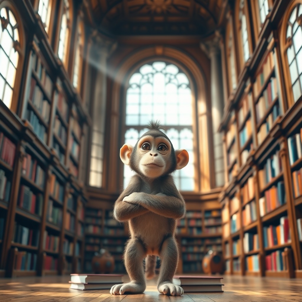 A playful monkey standing in front of a large, ornate library, surrounded by tall shelves filled with colorful books