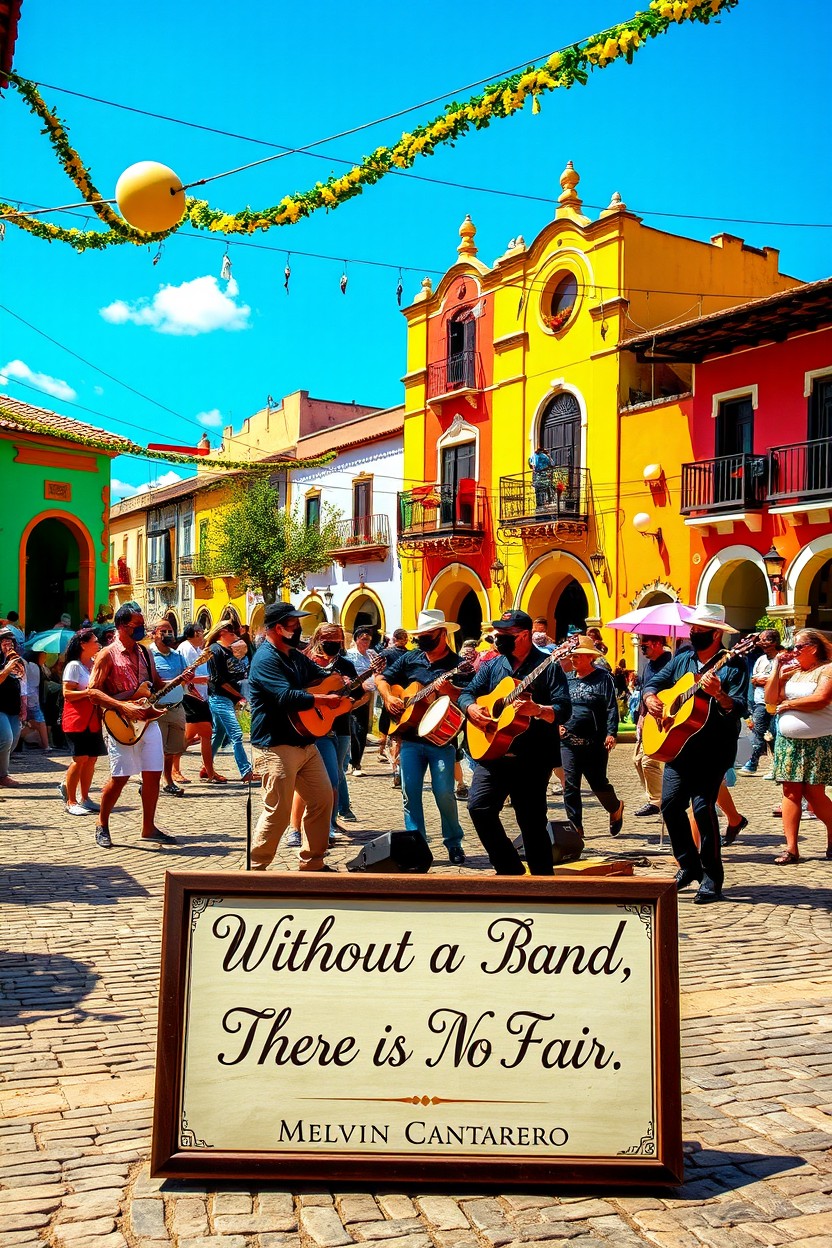 A vibrant scene depicting a lively band performing in a colonial town in Latin America
