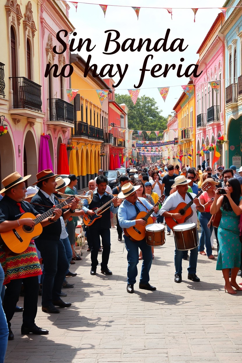 A vibrant scene of a lively band performing in a colonial town in Latin America during a festival