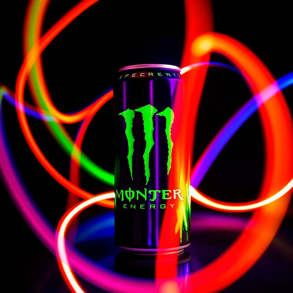 A vibrant light painting photograph featuring a Monster Energy drink can, illuminated by colorful neon lights
