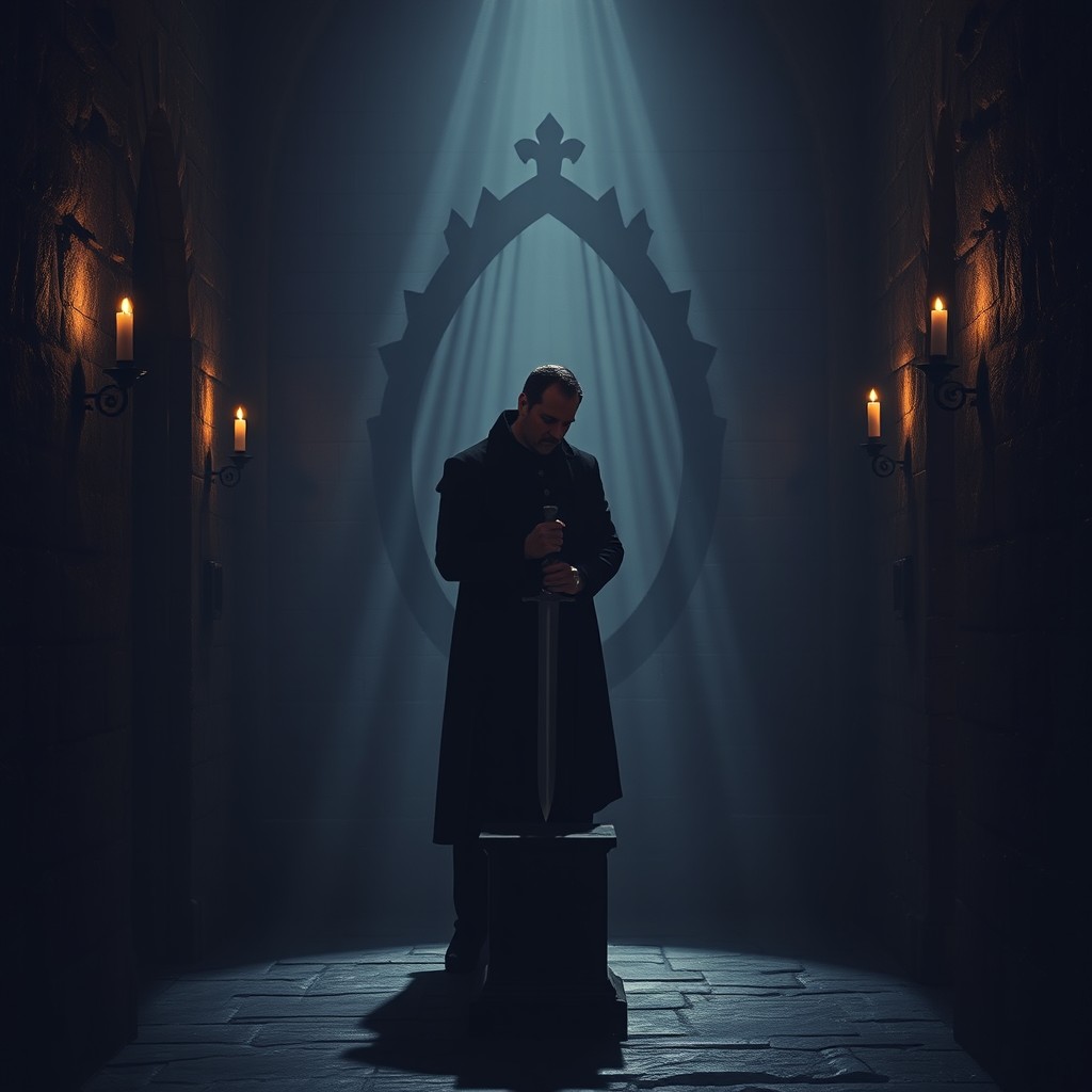 A solitary figure of Macbeth standing in a dimly lit castle hallway, contemplating a dagger placed on a pedestal next to him
