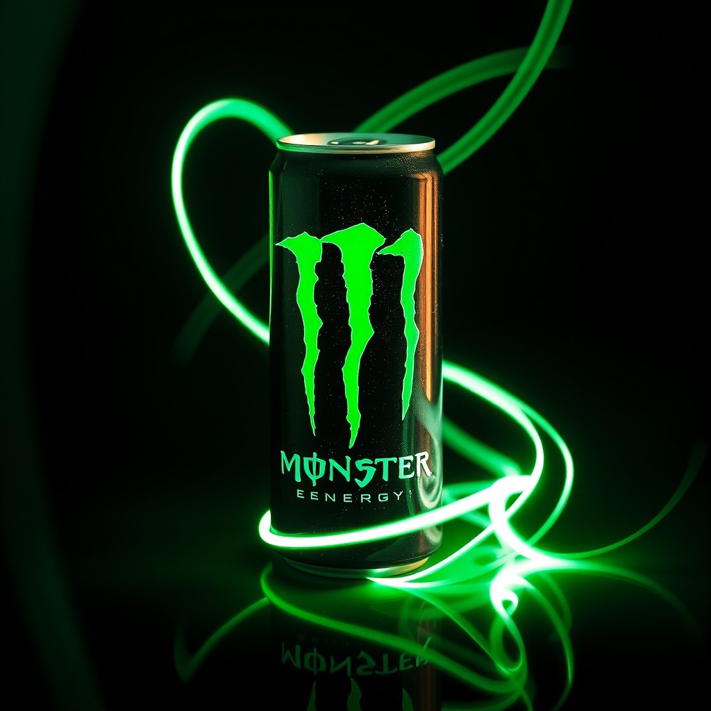 A stunning light painting photograph showcasing a Monster Energy drink can