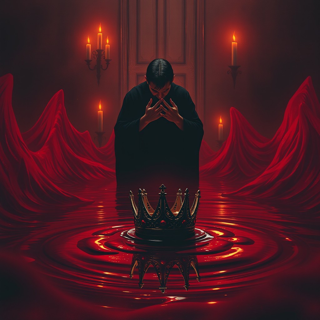 Macbeth standing in a candle-lit room, staring in horror at his blood-stained hands, surrounded by waves of a red ocean rising around him