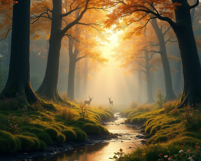 A serene forest scene at dawn, with sun rays filtering through the tall, lush trees