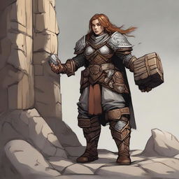 a female dwarven kineticist in heavy armor raises a wall made from rocks and wood from the ground using her nature's powers