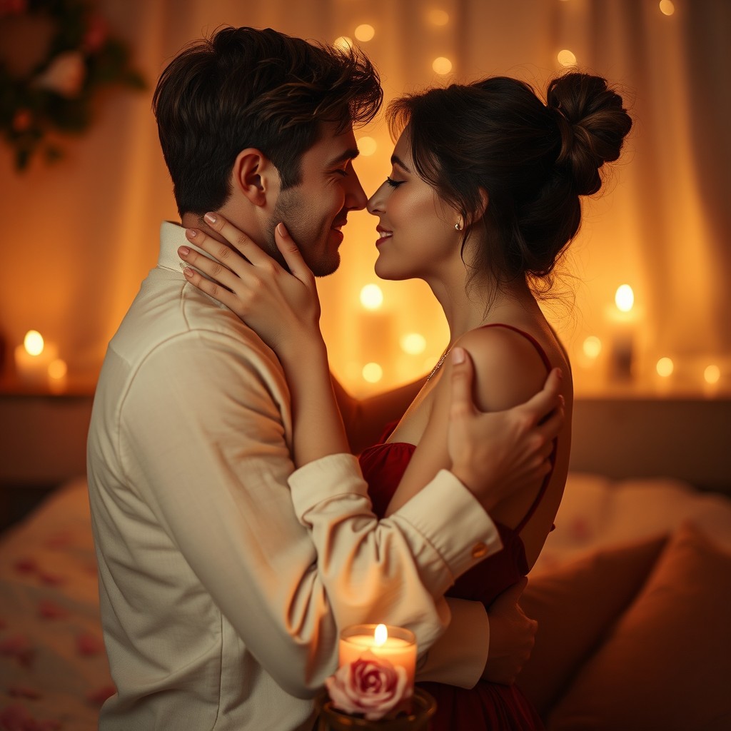 A warm and intimate scene depicting a passionate embrace between two lovers, capturing genuine emotions and connection