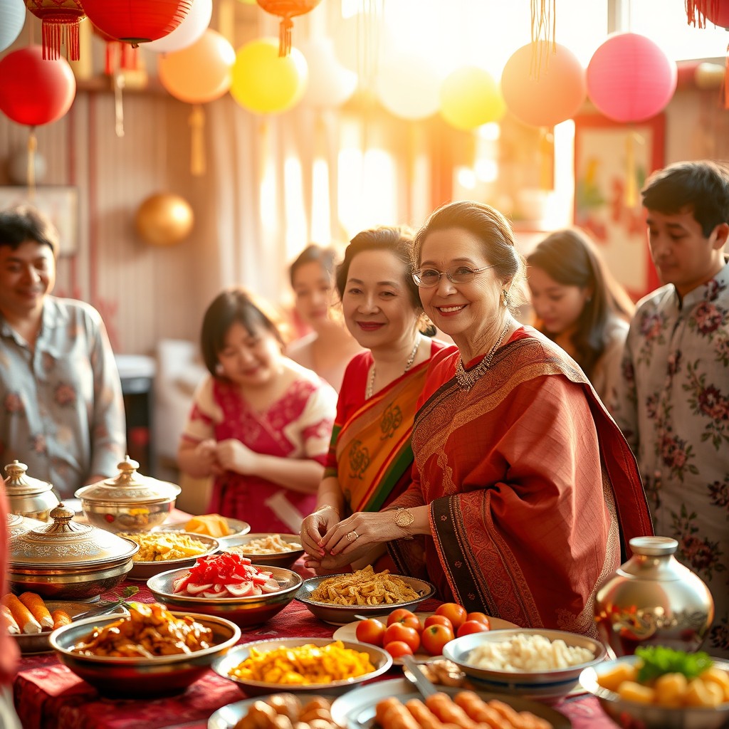 A warm and inviting celebration scene during a festival, showcasing a splendid feast laid out on a beautifully decorated table
