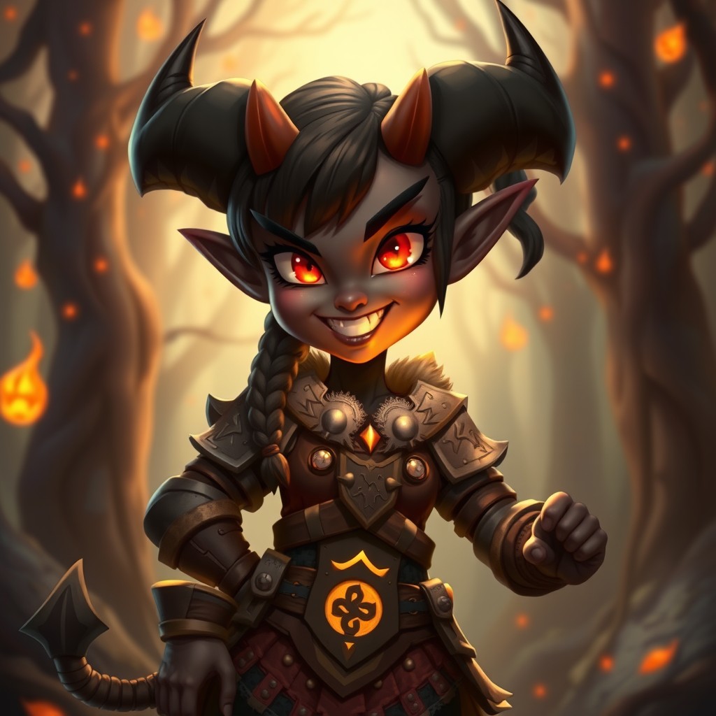 A unique character design featuring a half-black demon and half-dwarf girl, with distinct features from both heritages