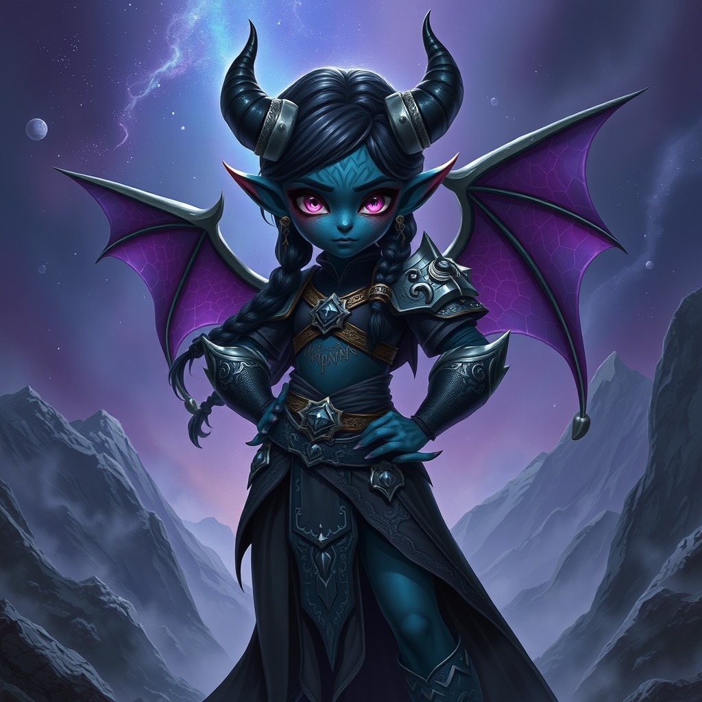 A captivating character design featuring a half-void demon and half-dwarven girl, combining ethereal and earthy elements
