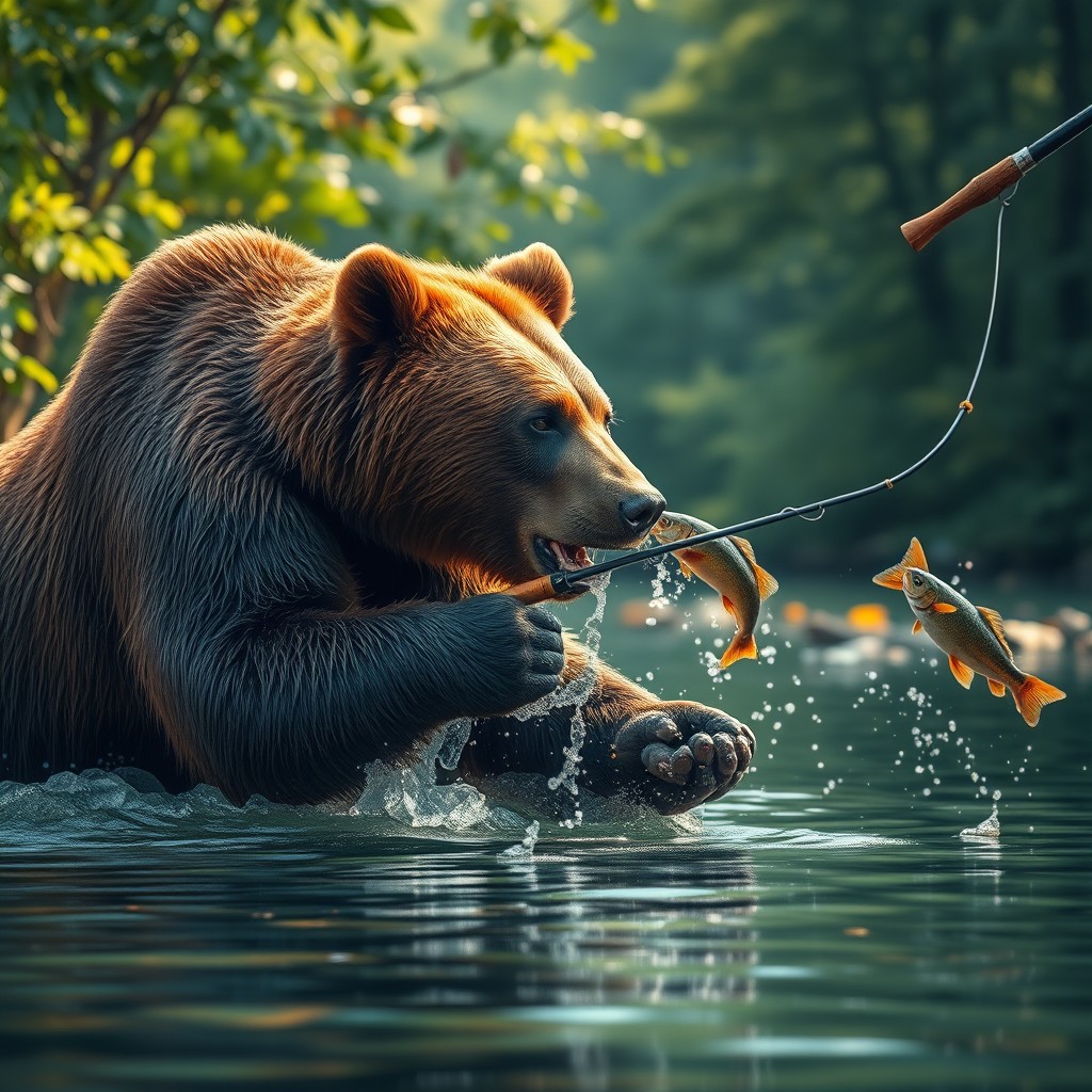 A delightful scene of a bear strategically fishing in a river, showcasing its powerful physique and keen focus as it catches fish with skill