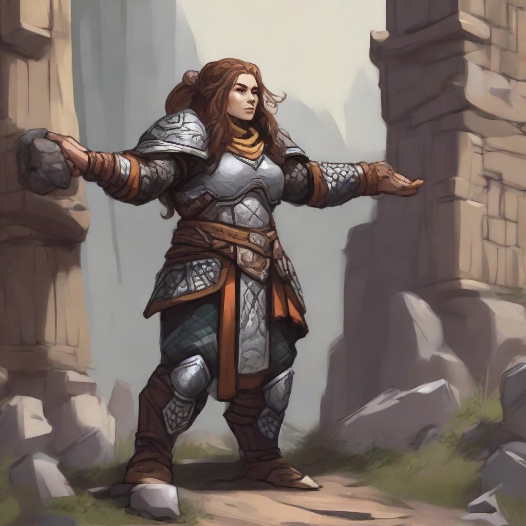 a female dwarven kineticist in heavy armor raises a wall made from rocks and wood from the ground using her nature's powers