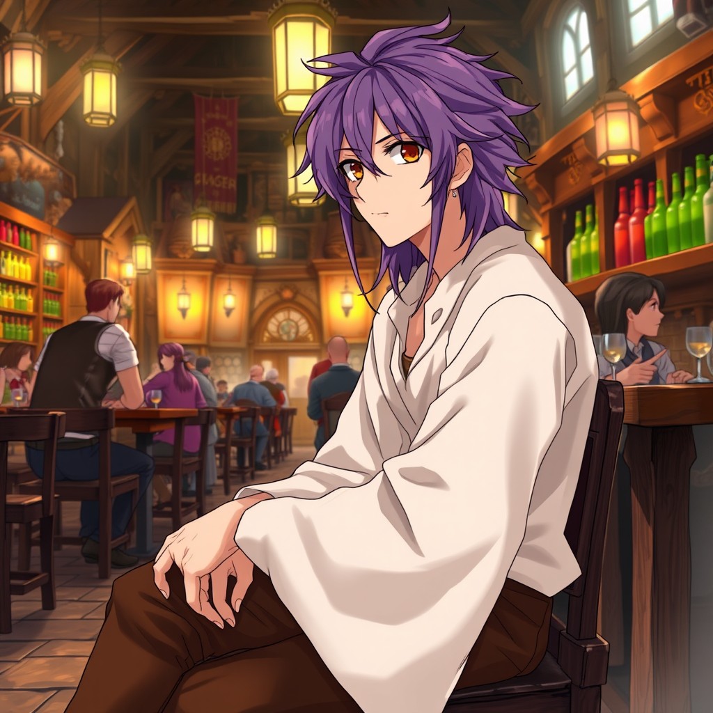 A male character in anime style featuring long, shaggy purple hair and striking hazel eyes