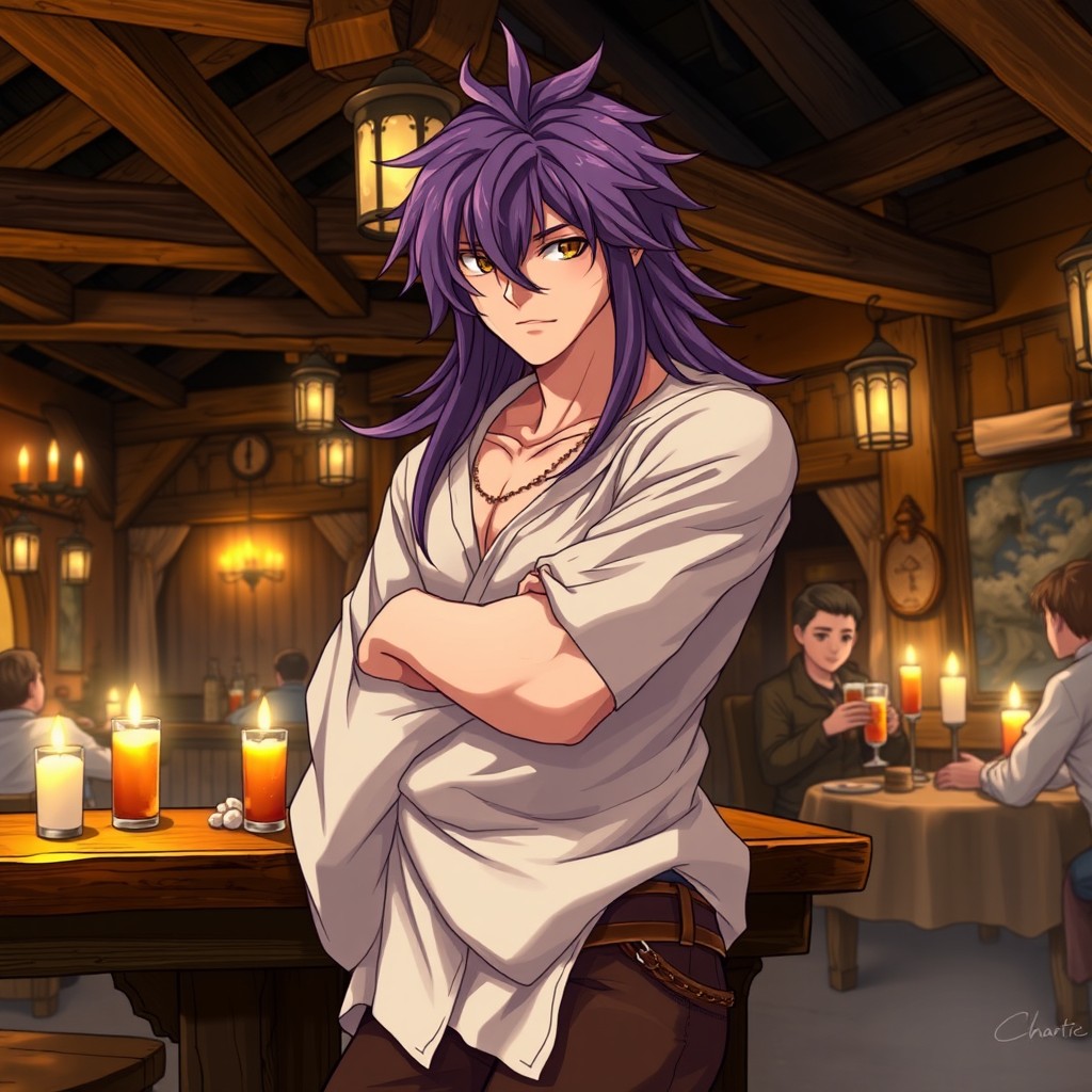 A masculine male character in anime style with long, shaggy purple hair and captivating hazel eyes