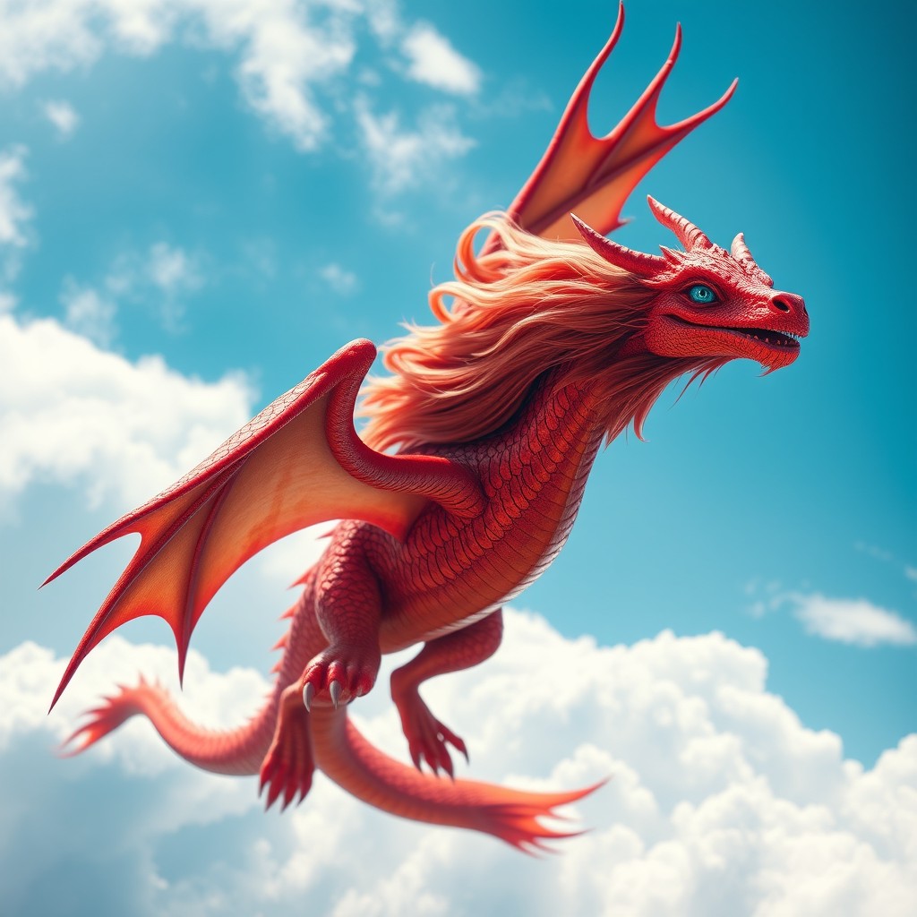 A majestic long-haired red dragon, elegantly soaring through the sky, flaunting her vibrant, shimmering scales in shades of fiery red