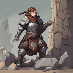 a female dwarven kineticist in heavy armor raises a wall made from rocks and wood from the ground using her nature's powers