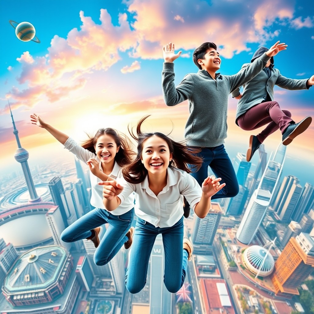 Three teenagers joyfully jumping forward towards the camera, as if bursting out of the center of the image