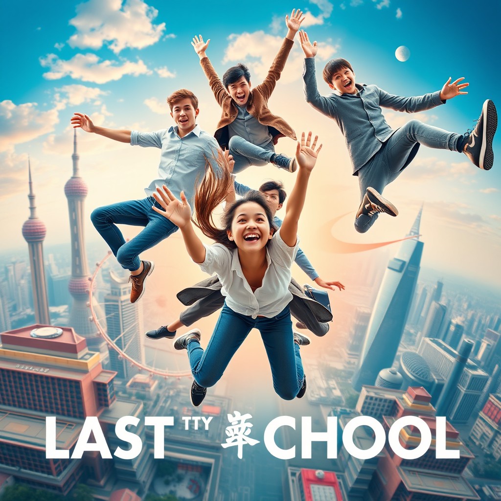 A dynamic and colorful cinematic movie poster featuring three teenagers joyfully jumping towards the camera, bursting out of the center