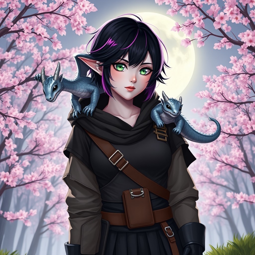 A full-bodied woman with fork-split ears, sporting short black hair highlighted with shades of orchid